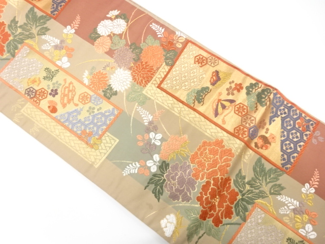JAPANESE KIMONO / FUKURO OBI / SILK / WOVEN TANZAKU & PEONY & TREASURES